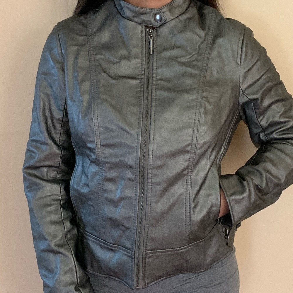 gray leather jacket with sparkly silver undertones